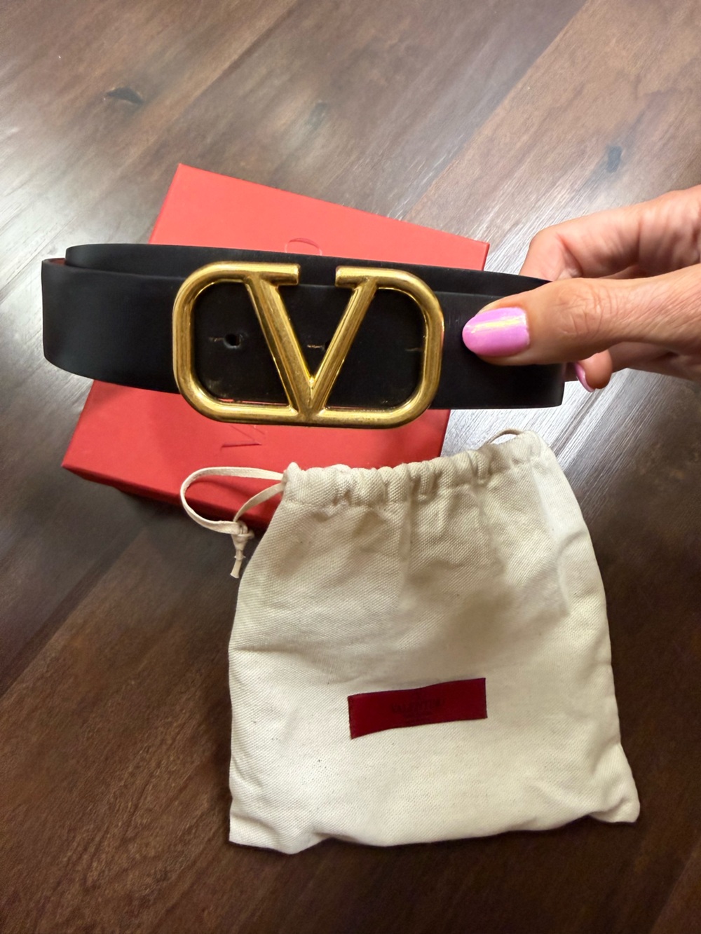 Valentino Reversible Leather Belt with Gold V Logo Buckle
